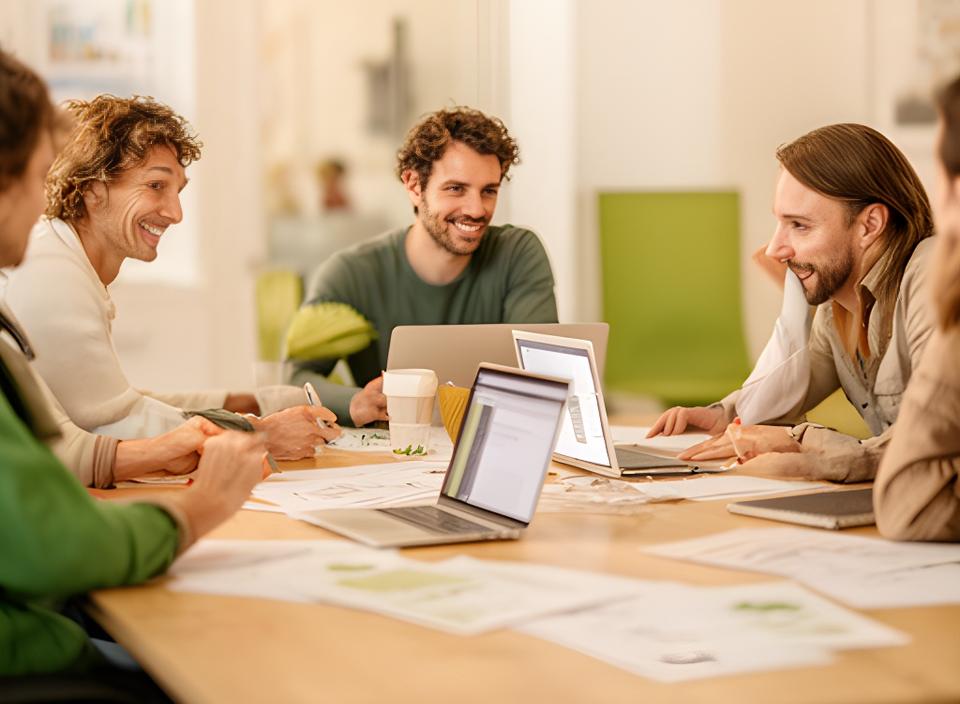 Kanzleiteam in einer Besprechung mit Unterlagen und Laptop in einem freundlichen Wiener Büro